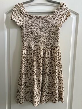 Girls' Leopard Print Smocked Off-Shoulder Dress - Cream/Brown
